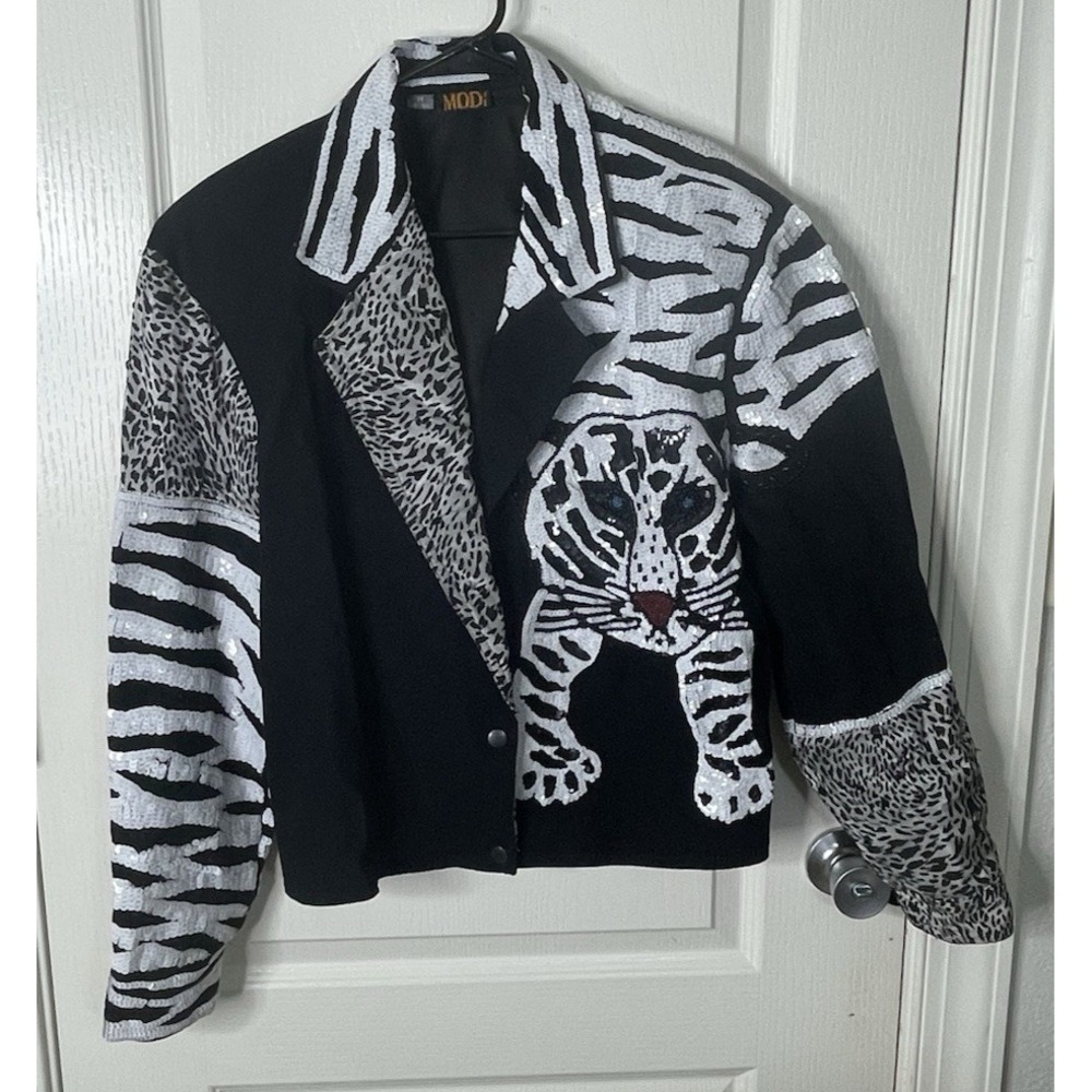 Vintage MODI Sequin Tiger Jacket Animal Print Beaded Black‎ White Women M 8-10